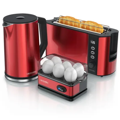 Arendo Frühstücks-Set mit Wasserkocher 1,5 l, Langschlitztoaster und Eierkocher für 6 Eier, Temperaturwahl, 3-teilig, rot