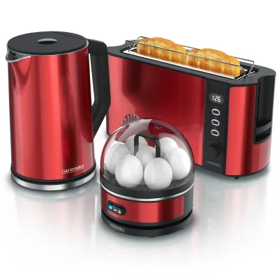Arendo Frühstücks-Set mit Wasserkocher 1,5 l, Langschlitztoaster und Eierkocher für 7 Eier, Temperaturwahl, 3-teilig, rot