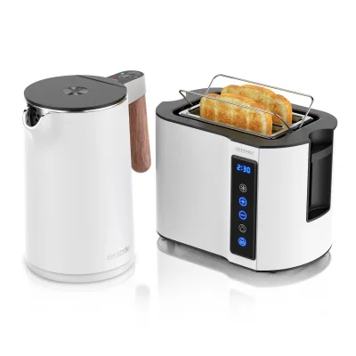 Arendo Frühstücks-Set mit Wasserkocher 1,5 l und 2-Scheiben-Toaster, Temperaturwahl, Brötchenaufsatz und Restzeitanzeige, weiß