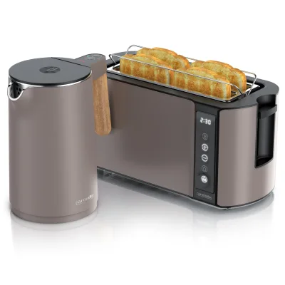 Arendo Frühstücks-Set mit Wasserkocher 1,5 l und 4-Scheiben-Langschlitztoaster, Temperatureinstellung, creme/dunkles Taupe, 2-teilig