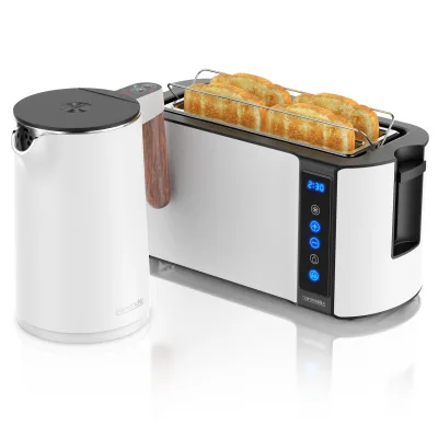 Arendo Frühstücks-Set mit Wasserkocher 1,5 l und 4-Scheiben-Langschlitztoaster, Temperaturwahl, Touchpanel, Brötchenaufsatz, weiß