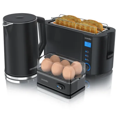 Arendo Frühstücks-Set Wasserkocher 1,5l, 4-Scheiben Toaster, 6er Eierkocher, Schwarz