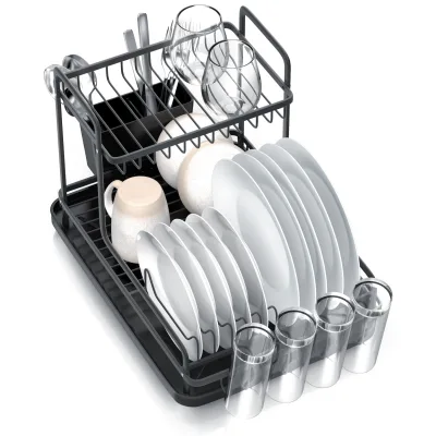 Arendo Geschirrständer Abtropfgestell, Abtropfgitter, zweilagig, 2 Ebenen, 360° Abfluss, Besteckhalter, 4x Glashalter, 10 Tellerhalter, platzsparend