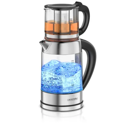 Arendo Glas-Wasserkocher 1,7 l mit 0,8-l-Teekanne und Edelstahlsieb, 2200 W, 5 Temperaturstufen, LED-Farbring und Warmhaltefunktion