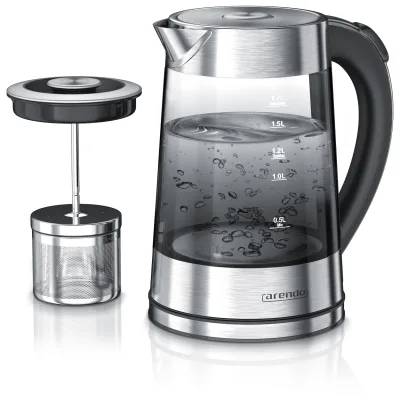 Arendo Glas-Wasserkocher 1,7 l mit Edelstahl-Teesieb, 2200 W, 5 Temperaturstufen von 40 bis 100 °C, LED-Licht und Warmhaltefunktion