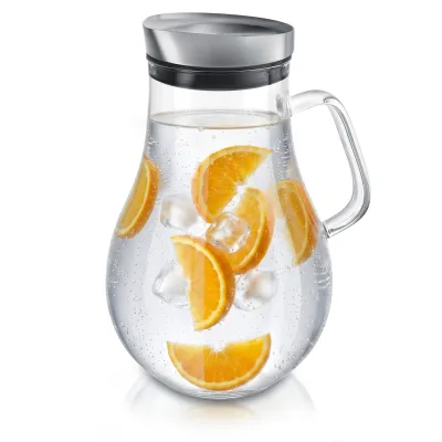 Arendo, Glaskaraffe 2,0 L, Edelstahldeckel, Henkel, Grobfilter, Wasserkaraffe, transparent/silberfarben