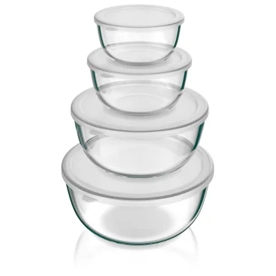 Arendo Glasschüssel-Set mit Deckeln, 4-teilig, 0,7/1,1/2,7/4,4 l, Borosilikatglas, stapelbare Salat- und Rührschüsseln