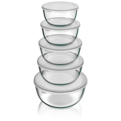 Arendo Glasschüssel-Set mit Deckeln, 5-teilig, 1/1,5/2/2,7/4,4 l, Borosilikatglas, stapelbare Salat- und Rührschüsseln