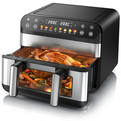 Arendo Heißluftfritteuse Airfryer XXL mit beleuchtetem Sichtfenster, Pre Heat & Turn-Food, 2400 W, mit Zubehör, Umluft Backofen, Sichtfenster Grill