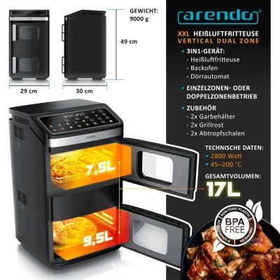 Arendo Heißluftfritteuse Doppelstock Dual Zone Airfryer & digitaler Mini-Backofen, 2800 W, mit Zubehör, Umluft Backofen, Sichtfenster
