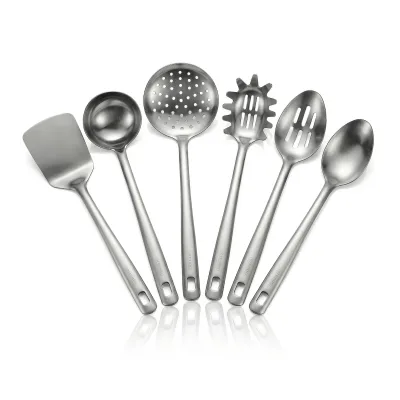Arendo Küchenhelfer-Set aus Edelstahl, 6-teilig, Wender, Kelle und 4 Löffel, Aufhängeösen, hitzebeständig, spülmaschinengeeignet