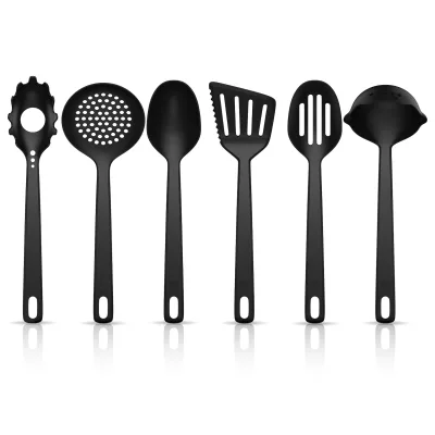 Arendo Küchenhelfer-Set aus PBT-Kunststoff, 6-teilig, Suppenkelle, Pfannenwender und 4 Löffel, ergonomische Griffe, Aufhängeösen