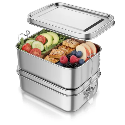 Arendo Lunchbox, Meal Prep Box Edelstahl 1700 ml, 2 Ebenen, 4 Trenneinsätze, Brotdose, edelstahlfarben