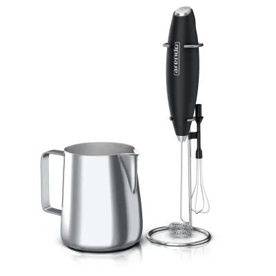 Arendo Milchkännchen mit Stab Milchaufschäumer elektrisch Handmilchaufschäumer + Milchkanne 0,35 l, Edelstahl, 350ml mit Messskala