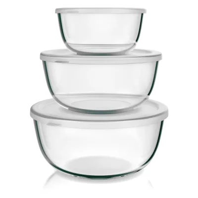 Arendo Salatschüssel 3er Set mit Deckel, Glasschüssel 1,1L / 2,7L / 4,4L, Glas Rührschüssel, Glas, (Set, 3-tlg), Glasschale, BPA-frei