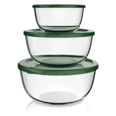 Arendo Salatschüssel, 3er Set mit Deckel, Glasschüssel 1,1L / 2,7L / 4,4L, Glas Rührschüssel, transparent/dunkelgrün
