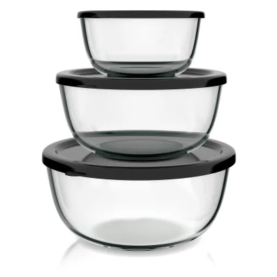 Arendo Salatschüssel, 3er Set mit Deckel, Glasschüssel 1,1L / 2,7L / 4,4L, Glas Rührschüssel, transparent/schwarz