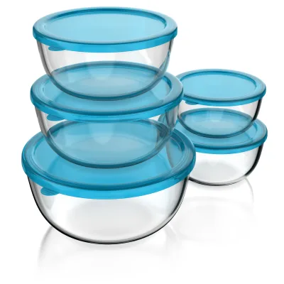 Arendo Salatschüssel, 5x Glasschüsseln + Deckel 1L, 1,5L, 2L, 2,7L & 4,4L, Glas Rührschüssel, transparent/blau