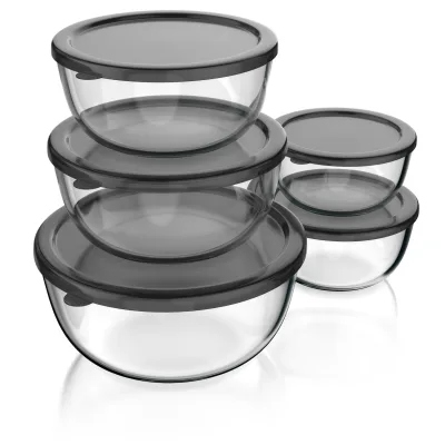 Arendo Salatschüssel, 5x Glasschüsseln + Deckel 1L, 1,5L, 2L, 2,7L & 4,4L, Glas Rührschüssel, transparent/schwarz