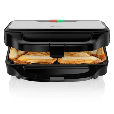 Arendo Sandwichmaker 900 W für 2 Sandwiches, antihaftbeschichtete Platten, automatische Temperaturregelung, Kontrollleuchten, Edelstahl-Applikation