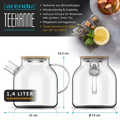 Arendo Teekanne aus Borosilikatglas, 1,4 l, Bambusdeckel mit Edelstahlunterseite, herausnehmbarer Teeeinsatz und tropffreier Ausguss
