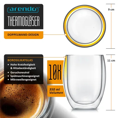 Arendo Thermogläser 10er-Set, je 350 ml, doppelwandiges Borosilikatglas, ohne Henkel, für Kaffee und Tee, spülmaschinen- und mikrowellengeeignet
