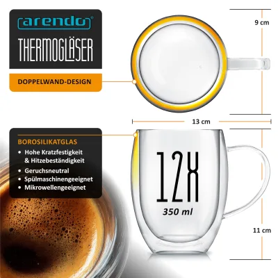 Arendo Thermogläser 12er-Set, je 350 ml, doppelwandiges Borosilikatglas, mit Henkel, für Kaffee und Tee, spülmaschinen- und mikrowellengeeignet