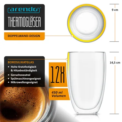 Arendo Thermogläser 12er-Set, je 450 ml, doppelwandiges Borosilikatglas, ohne Henkel, für Kaffee und Tee, spülmaschinen- und mikrowellengeeignet