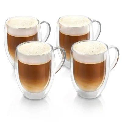 Arendo Thermogläser 4er-Set, je 350 ml, doppelwandiges Borosilikatglas, mit Henkel, für Kaffee und Tee, spülmaschinen- und mikrowellengeeignet