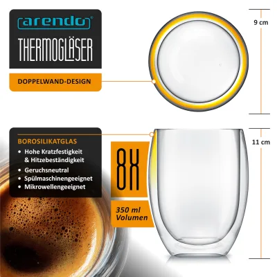 Arendo Thermogläser 8er-Set, je 350 ml, doppelwandiges Borosilikatglas, ohne Henkel, für Kaffee und Tee, spülmaschinen- und mikrowellengeeignet