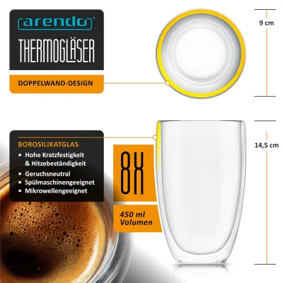 Arendo Thermogläser 8er-Set, je 450 ml, doppelwandiges Borosilikatglas, ohne Henkel, für Kaffee und Tee, spülmaschinen- und mikrowellengeeignet
