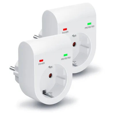 Arendo Überspannungsschutzadapter, 2er-Set Steckdosenadapter, 3500 W, 16 A, 230 V, IP20, Schutzkontakt, POWER/PROTECTED-Funktionsanzeige