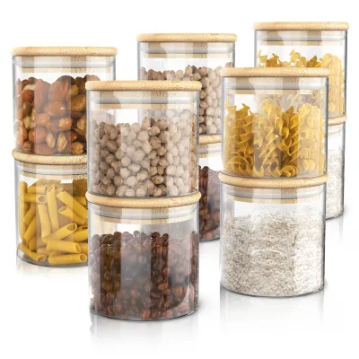 Arendo Vorratsgläser 10er-Set, je 0,75 l, rund, Borosilikatglas mit Bambusdeckel und Silikondichtung, luftdicht