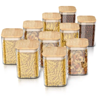 Arendo Vorratsgläser 10er-Set, je 1,2 l, quadratisch, Borosilikatglas mit Bambusdeckel und Silikondichtung, luftdicht