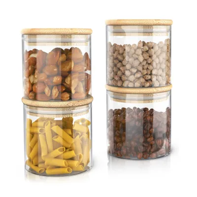 Arendo Vorratsgläser 4er-Set, je 0,75 l, rund, Borosilikatglas mit Bambusdeckel und Silikondichtung, luftdicht