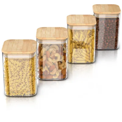 Arendo Vorratsgläser 4er-Set, je 1,2 l, quadratisch, Borosilikatglas mit Bambusdeckel und Silikondichtung, luftdicht