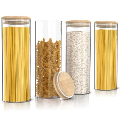 Arendo Vorratsgläser 4er-Set, je 2,2 l, rund, Borosilikatglas mit Bambusdeckel und Silikondichtung, luftdicht