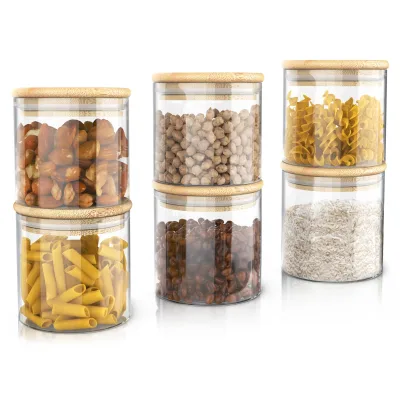 Arendo Vorratsgläser 6er-Set, je 0,75 l, rund, Borosilikatglas mit Bambusdeckel und Silikondichtung, luftdicht