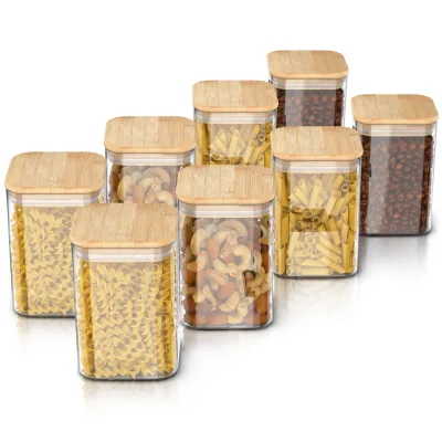 Arendo Vorratsgläser 8er-Set, je 1,2 l, quadratisch, Borosilikatglas mit Bambusdeckel und Silikondichtung, luftdicht