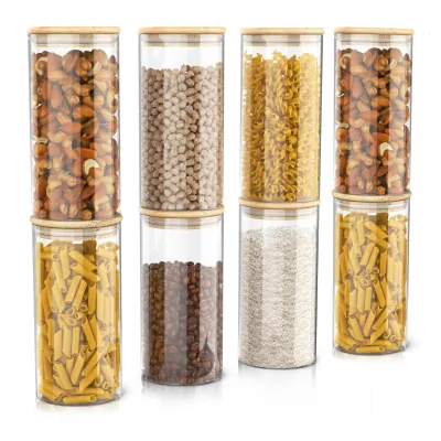 Arendo Vorratsgläser 8er-Set, je 1,5 l, rund, Borosilikatglas mit Bambusdeckel und Silikondichtung, luftdicht
