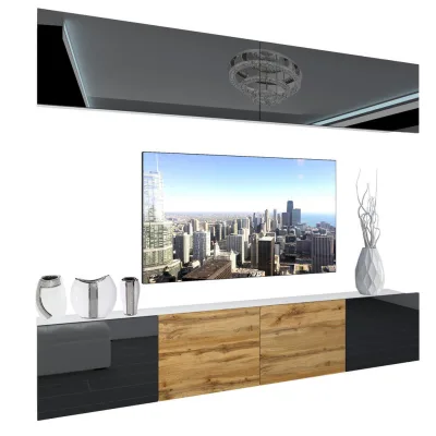 B Belini Group Wohnzimmerwand Schwarz, Eiche Wotan 200x180x36 cm