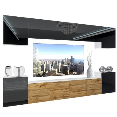 B Belini Group Wohnzimmerwand Schwarz, Eiche Wotan 300x180x36 cm