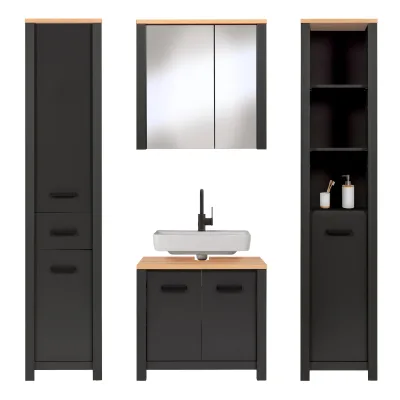 Badmöbel-Set Carbona 4-teilig, Waschbeckenunterschrank, Spiegelschrank & 2 Hochschränke, Anthrazit/Artisan Eiche