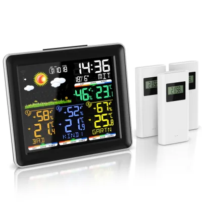 BEARWARE Funk, mit Farbdisplay, Wireless Funksensor/Außensensor, DCF Funkuhr Wetterstation (mit Außensensor, Luftdruck, Wettervorhersage, Barometer, Wecker, Alarm, Snooze)