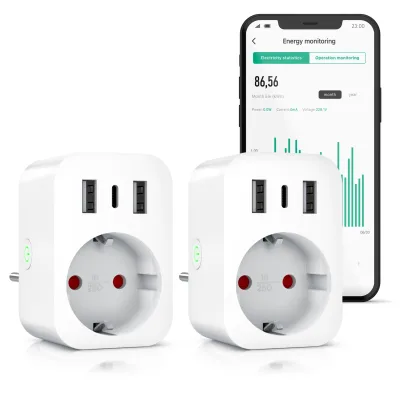 Bearware WLAN-Steckdose mit USB, 2,4Ghz WiFi Fernsteuerung per Smart life App, Sprachsteuerung, 2-St., Zeitschaltuhr, Energiekostenmessgerät