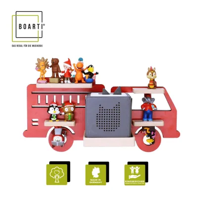 BOARTI Kinderregal Auto Feuerwehr   hängend für Toniebox und Tonie Figuren   platzsparendes Regal   H. 22 x B. 47 x T. 19   Wandregal Musikbox Figuren Aufbewahrung Magneteinsätzen   Aufbewahrungsregal Holz