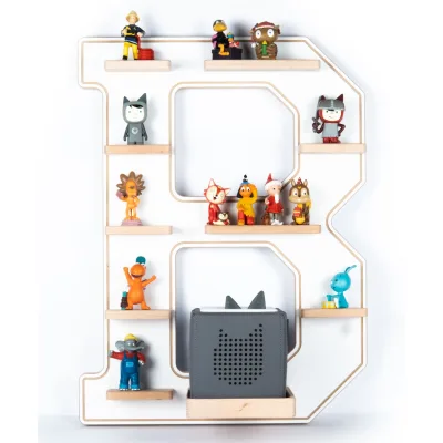 BOARTI Kinderregal Buchstabe B   hängend für Toniebox und Tonie Figuren   platzsparendes Regal   Maße H. 54 x B. 41 x T. 19   Wandregal Musikbox Figuren Aufbewahrung Magneteinsätzen   Aufbewahrungsregal Holz