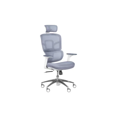 Carmen 7579 Ergonomischer Bürostuhl mit Netzrücken, Kopfstütze, 3D-Armlehnen und Alu-Fußkreuz – Grau
