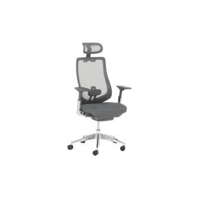 Carmen BADEN Ergonomischer Bürostuhl mit Netzrücken, Kopfstütze, Lordosenstütze, 4D-Armlehnen und Alu-Fußkreuz – Grau
