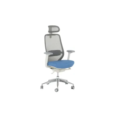 Carmen GLAND Ergonomischer Bürostuhl mit Netzrücken, Kopfstütze, Lordosenstütze, 4D-Armlehnen und Alu-Fußkreuz – Blau/Grau